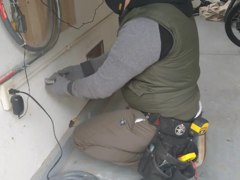 Electrician performing outlet wiring in a New Roads garage
